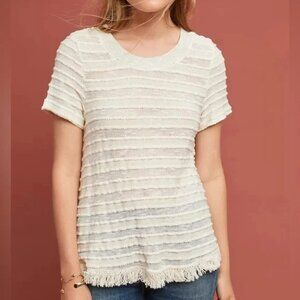 Anthropologie Eri + Ali XL cream striped open-weave top with fringe